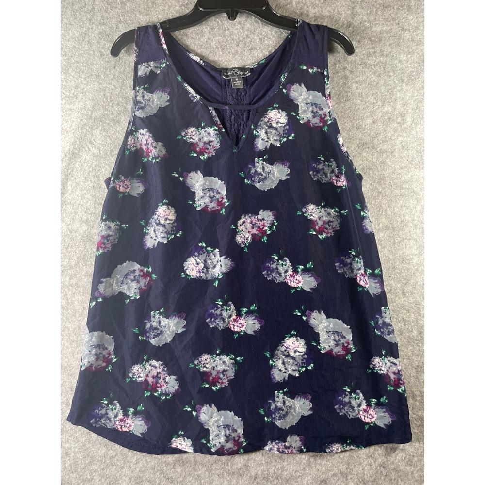 Market &‎ Spruce Navy Floral Mixed Media Sleeveless Top Crochet Back Detail M